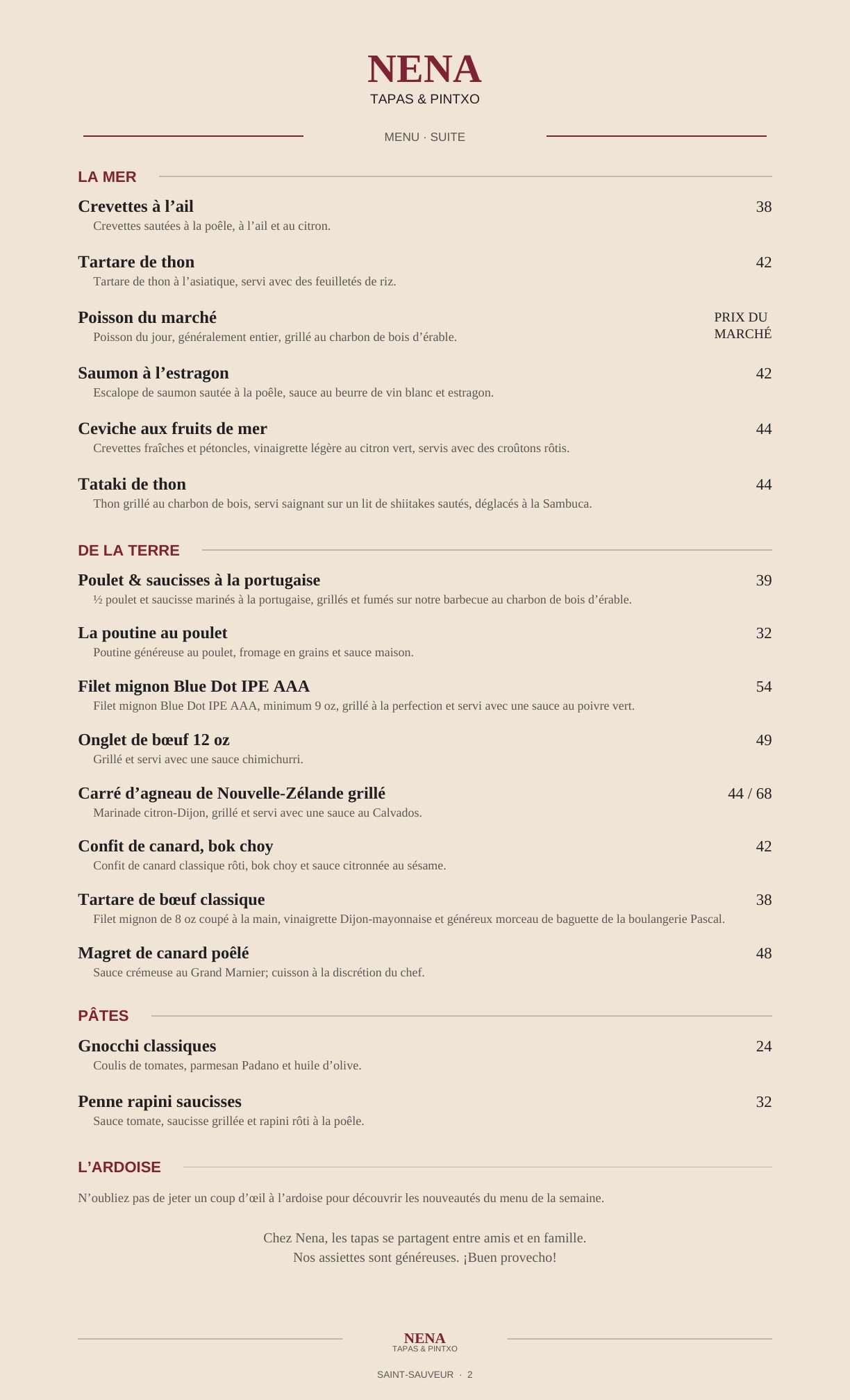 Menu Tapas Nena, page 2 : mer, terre, grillades et pâtes